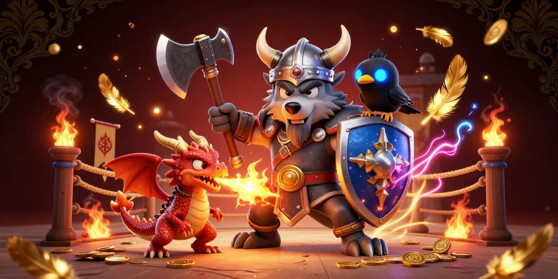 Engage in the thrilling world of NK88 cockfighting with a dynamic scene featuring a Viking warrior, fierce dragon, and glowing raven.