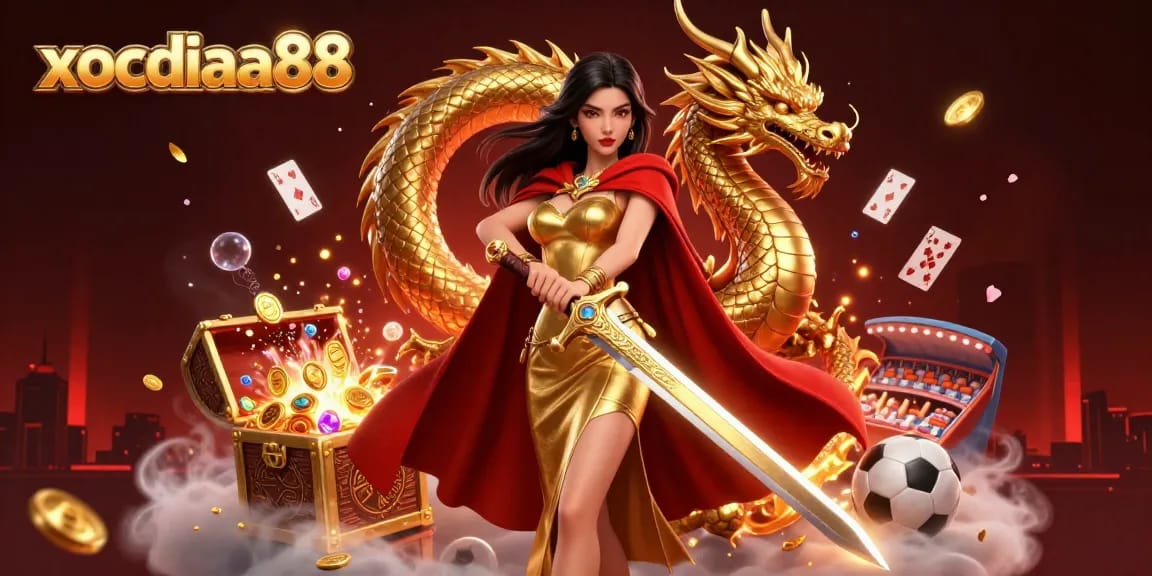 xocdiaa88 showcases a warrior queen and golden dragon surrounded by thrilling sports betting elements.
