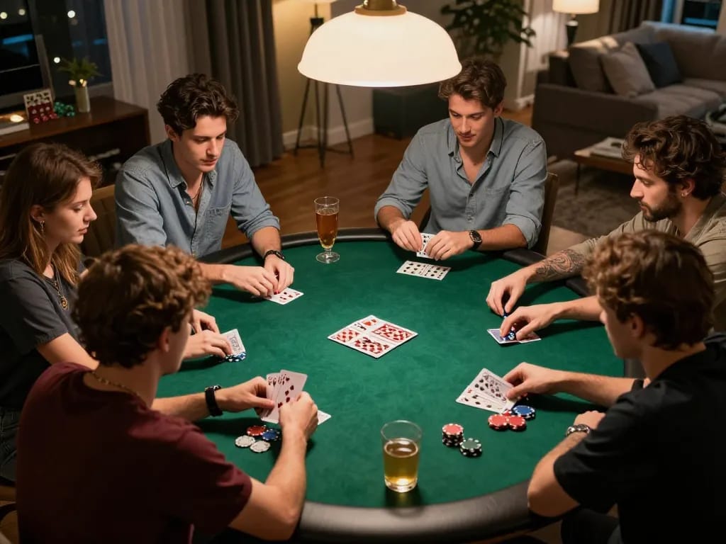 Bongdallu users enjoying a home poker night, analyzing cards, and strategizing for fun.