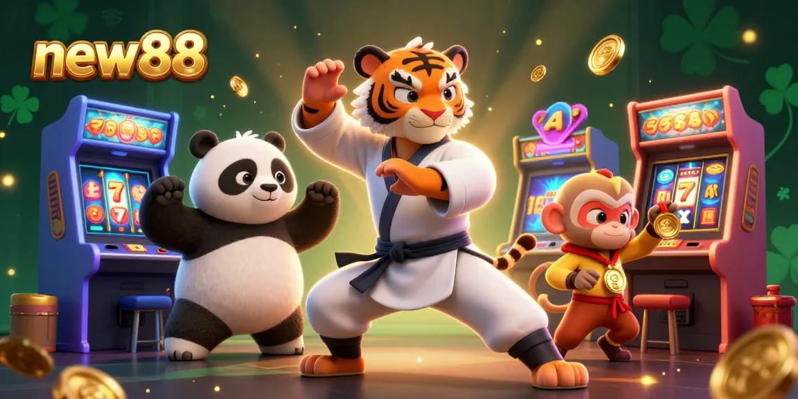 Experience the thrill of new88 with the kung fu tiger and panda amidst vibrant slot machines in an exciting casino scene.