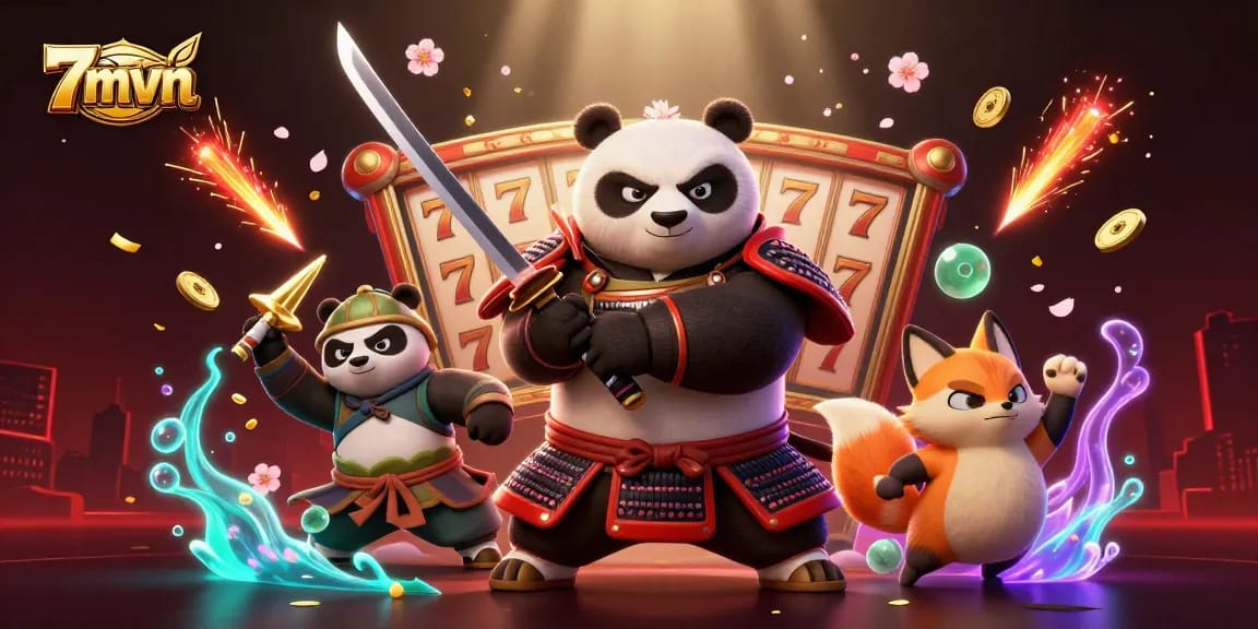 Engaging 3D illustration of 7mvn featuring a samurai panda and ninja fox amidst dynamic gambling elements.