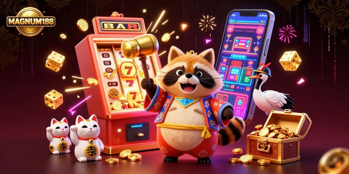 Experience the thrill of MAGNUM188 with a colorful 3D scene showcasing festive characters, slot jackpots, and casino elements!