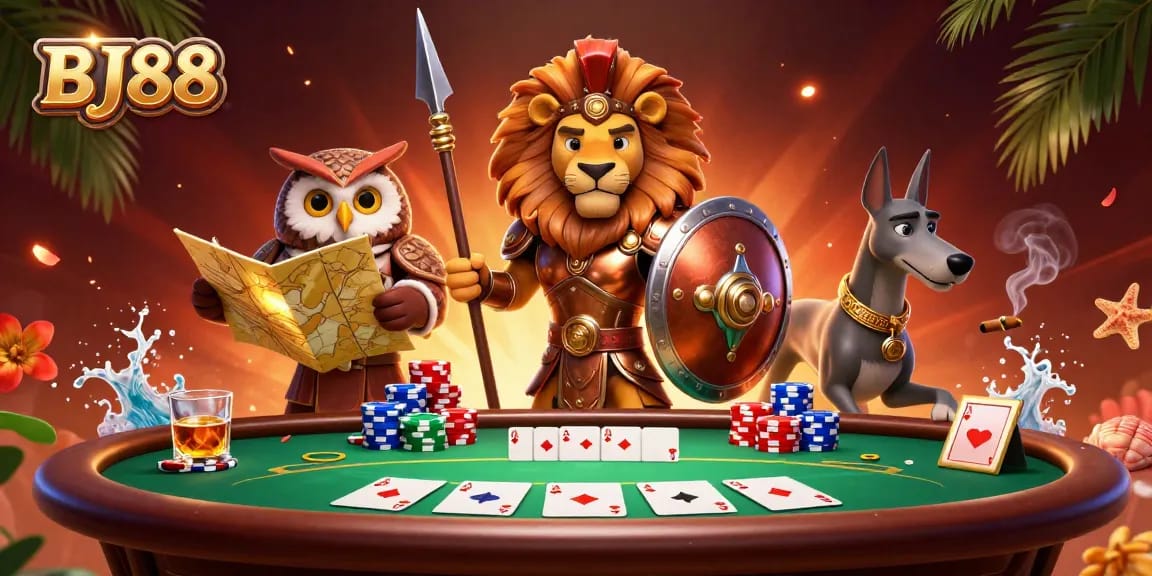 BJ88 features a vivid 3D scene of a Spartan lion in armor, tactical owl, and swift greyhound among poker elements.