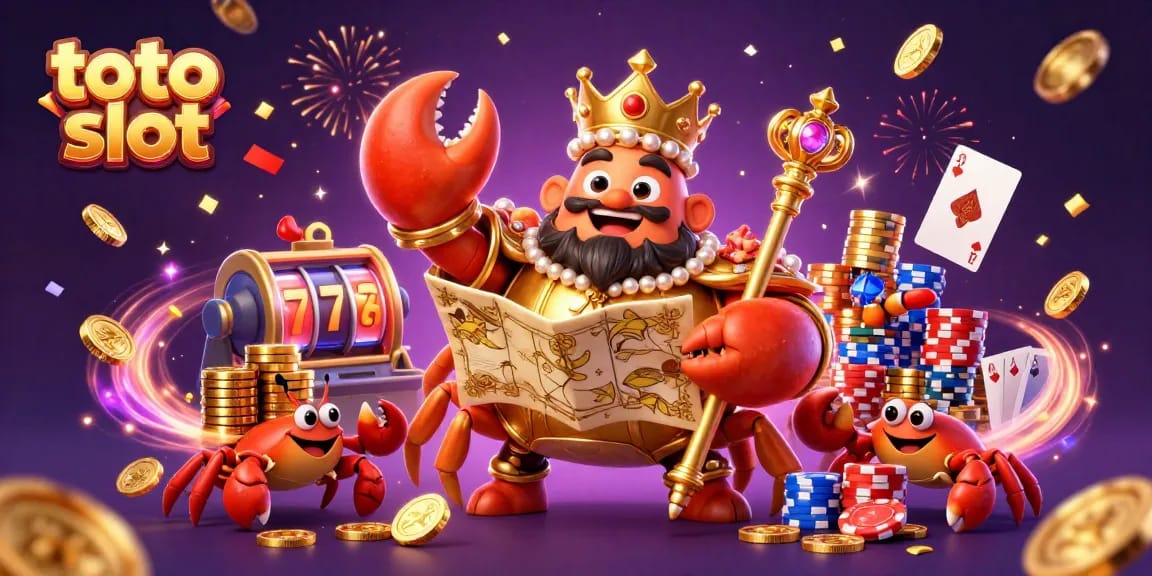 Spin the toto slot reels with golden crab emperor amidst vibrant casino elements.