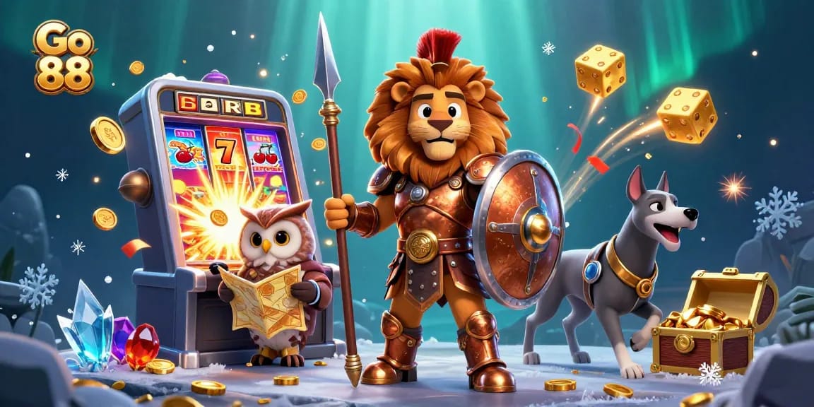 Experience thrill and excitement with Go 88 at a dynamic casino scene featuring a slot machine and legendary characters.