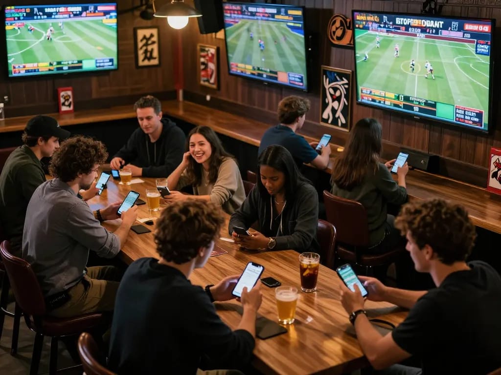 LGO GOAL sports betting excitement as friends engage with live games and strategy.