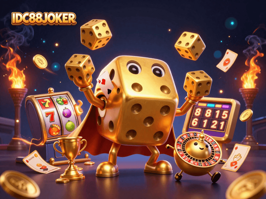 Experience thrilling gameplay with IDC88JOKER's vibrant 3D casino illustration showcasing dynamic dice and slot elements.