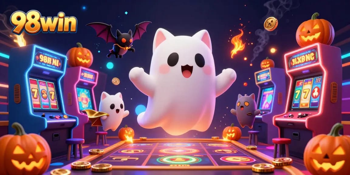 Experience thrilling gameplay at 98win with a vibrant 3D casino scene featuring unique characters and slots.