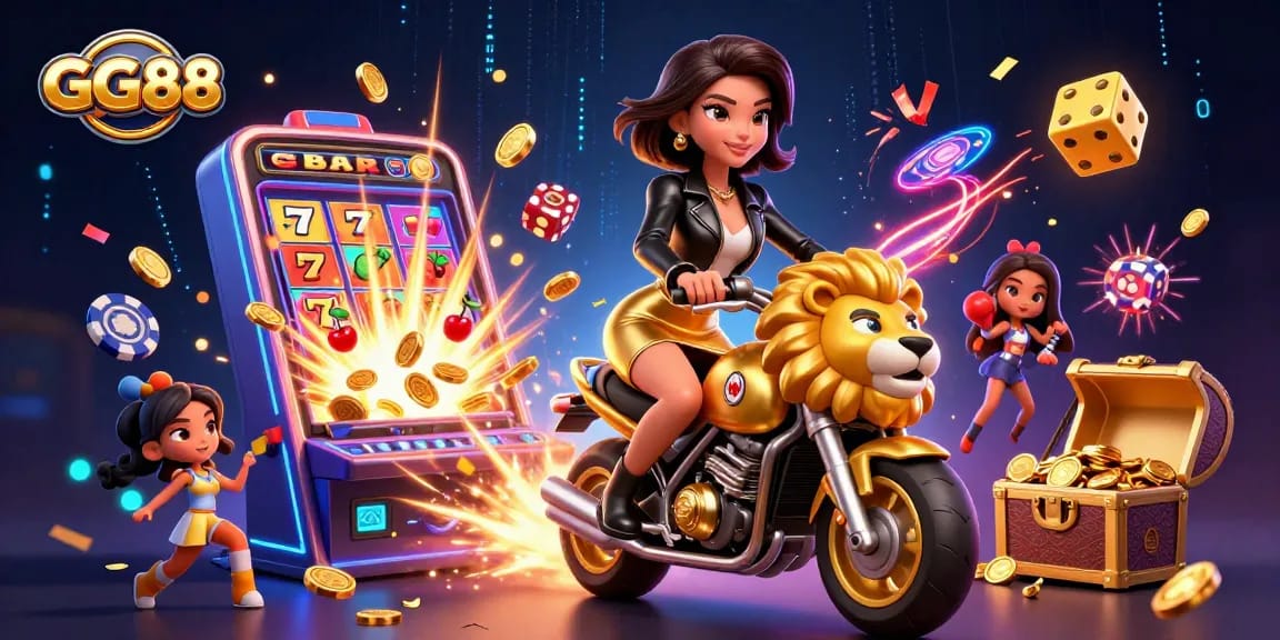 Experience the thrill of GG88 gaming with a 3D Asian woman riding a golden lion amid casino elements.