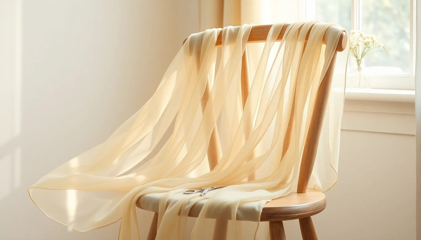 Chiffon stof kunstzinnig over een vintage stoel, zacht licht weerkaatsend.