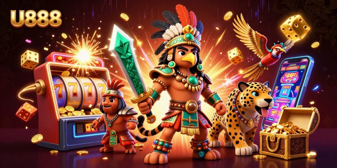 Experience adventure with U888 through a vibrant, dynamic 3D casino scene featuring iconic gaming elements.