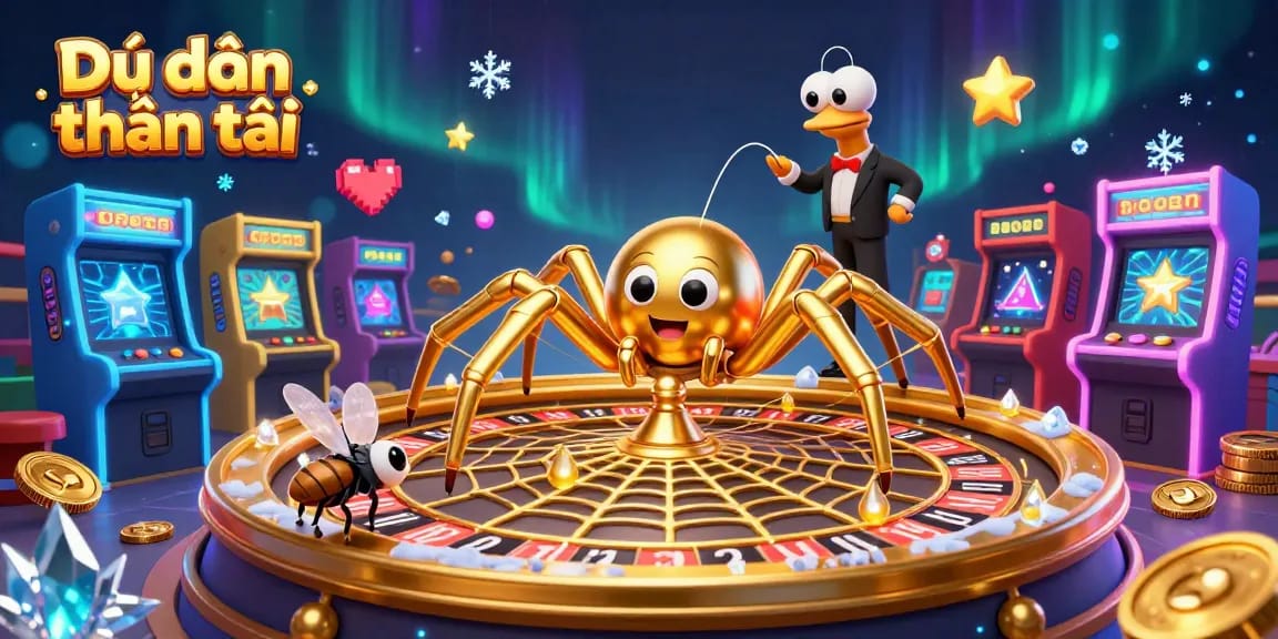 Engage in Dự đoán thần tài as a golden spider spins a roulette wheel web surrounded by betting elements.