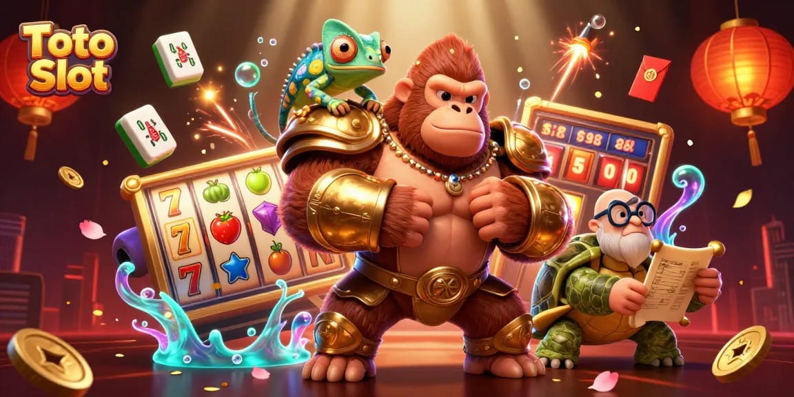 Ilustrasi dinamis Toto Slot dengan gorila raja, chameleon, dan kura-kura, dikelilingi simbol slot.