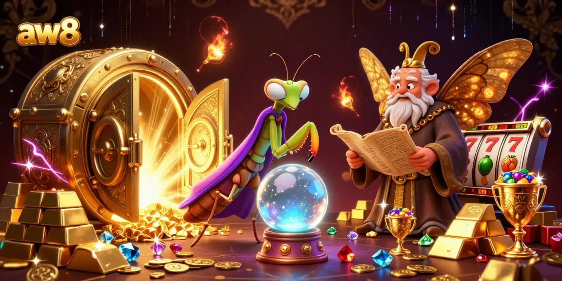 Engage with AW8's dynamic gaming elements in a vibrant, 3D casino scene full of treasures.