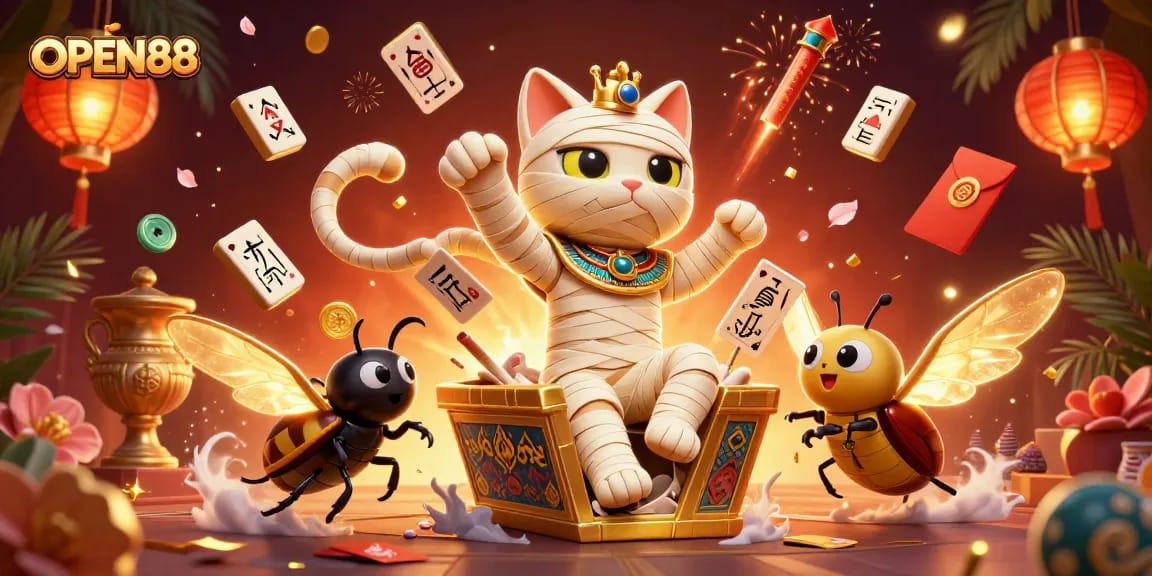 Engage with OPEN88’s vibrant casino scene featuring a mummy cat and treasures, perfect for a thrilling gaming experience.