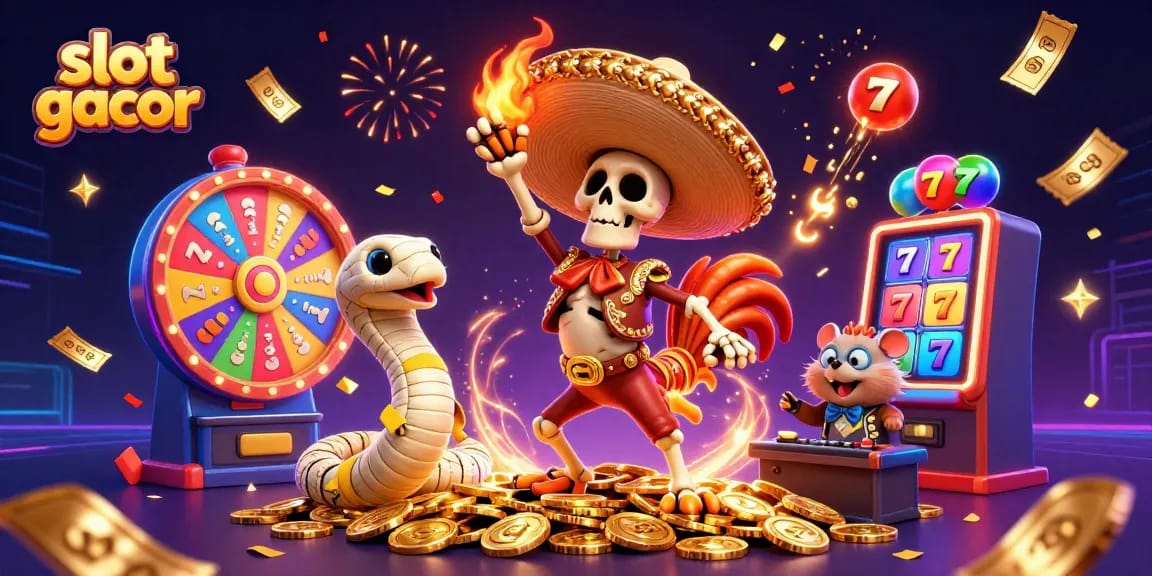 Winning with slot gacor: 3D illustration of dynamic casino characters amidst vibrant gaming elements