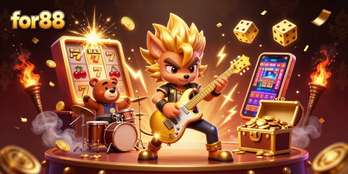 Experience thrilling gameplay with for88 as a rock star wolf and bear entertain on a dynamic casino stage.