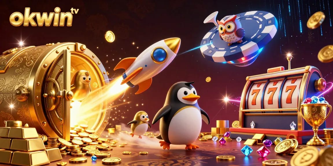 Experience the excitement of okwin tv with a vibrant 3D casino illustration showcasing dynamic gambling themes.