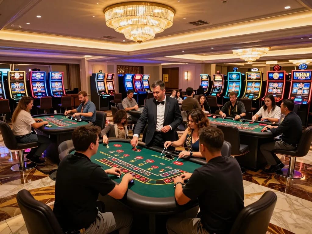 B52club players engaging at upscale casino tables, showcasing lively gambling atmosphere