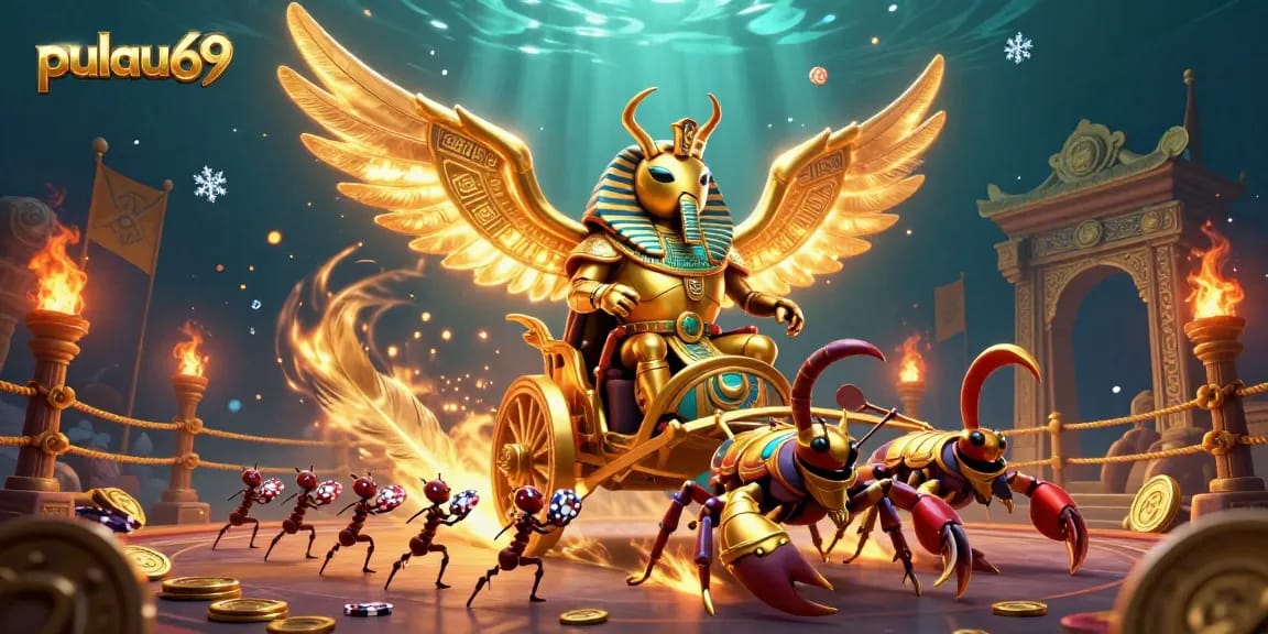 Experience pulau69 with dynamic casino elements, featuring a golden scarab and scorpions in action.