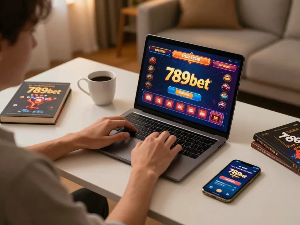 Player engaging with 789bet on laptop, showcasing online casino gaming experience.