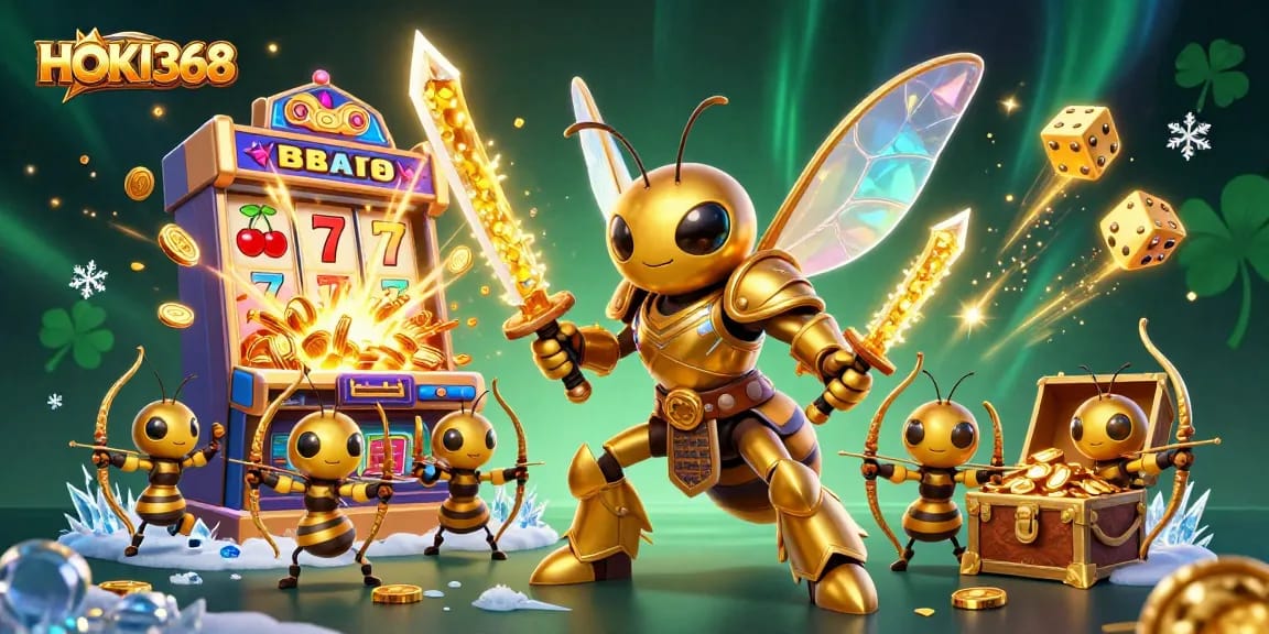 Engage with HOKI368's dynamic casino illustration showcasing vibrant slot machine elements and game excitement.