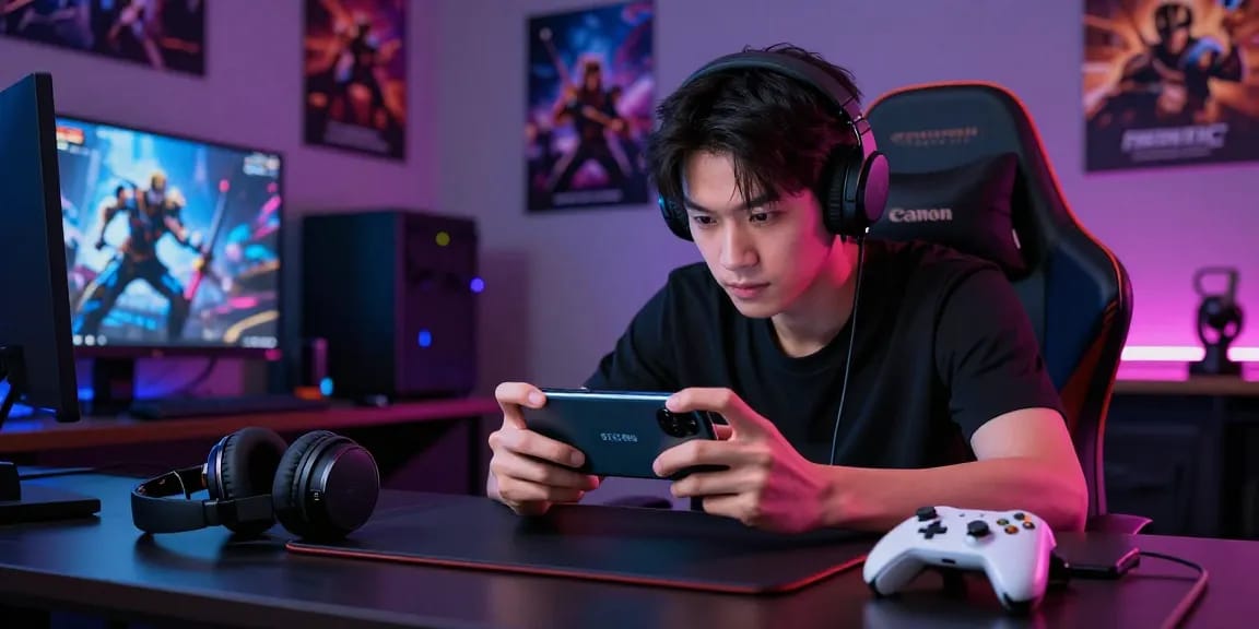 Mobile gamer playing 918Kiss APK in a vibrant gaming setup with accessories and dynamic atmosphere.