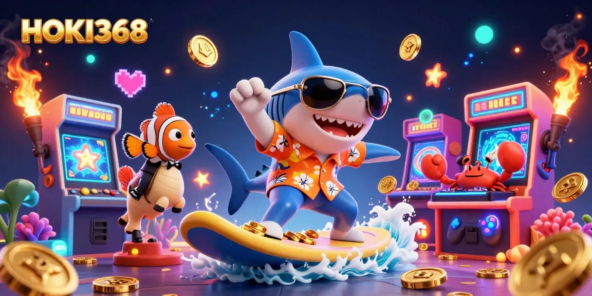 Experience thrilling wins with HOKI368 as the shark surfs on gold coins amidst colorful gaming elements.