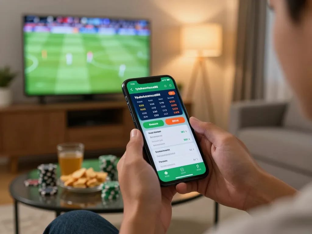 Engaging with the tylekeonhacai88 betting app during a live sports event in a cozy home.