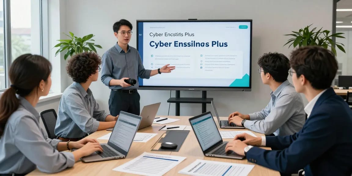 Cyber Essentials Plus team discussing certification process in modern office.