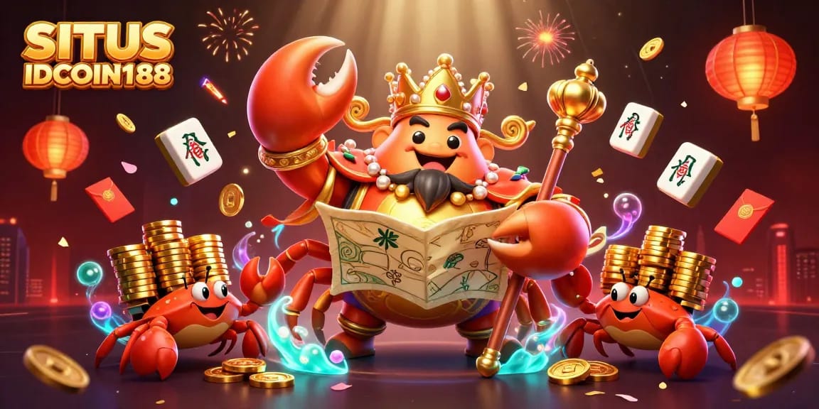 SITUS IDCOIN188 showcases vibrant 3D casino illustration with a golden crab emperor and mahjong tiles, emphasizing thrilling gaming.