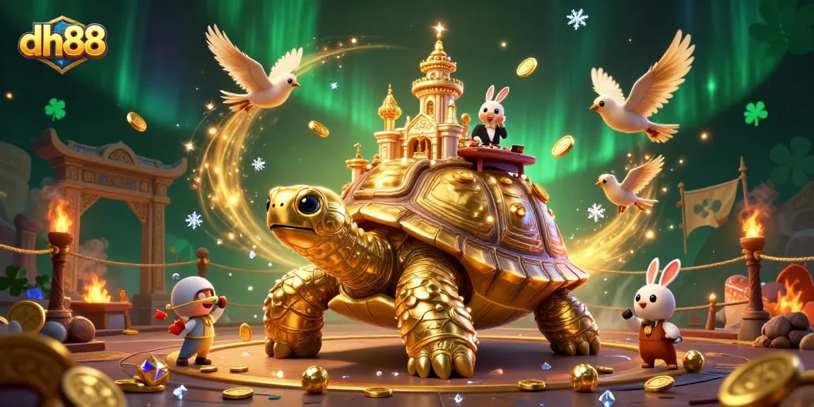 Experience thrilling gaming at dh88 with a spectacular 3D casino scene showcasing a golden tortoise and vibrant games.