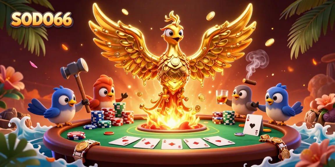 SODO66 showcases an energetic 3D scene with a molten golden phoenix and poker elements, inviting players to win big.