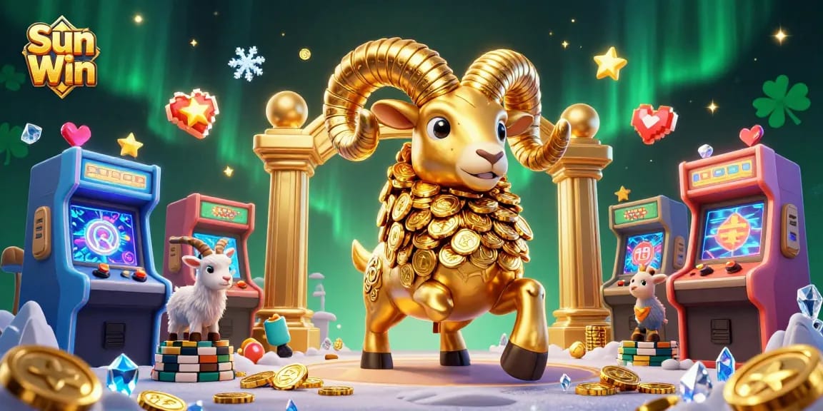 Engage in thrilling gaming with Sun Win's 3D golden ram amidst vibrant arcade elements.