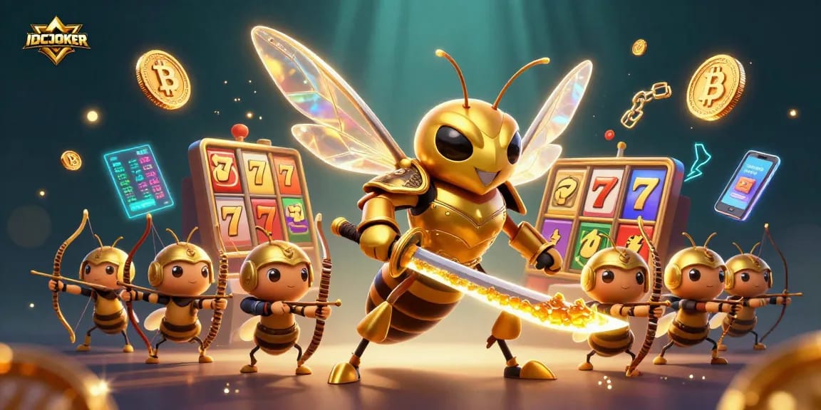 IDCJOKER delivers thrilling slot gameplay with a golden hornet character, slot reels, and crypto coins.