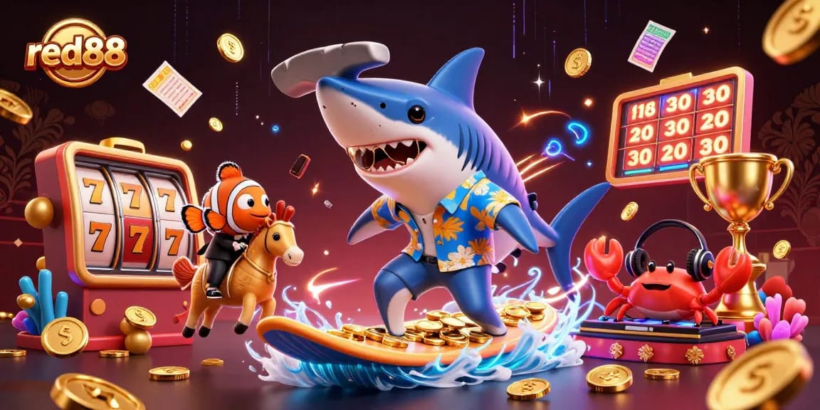 Experience the thrill of red88 with vibrant casino elements and characters, showcasing a colorful gaming environment.