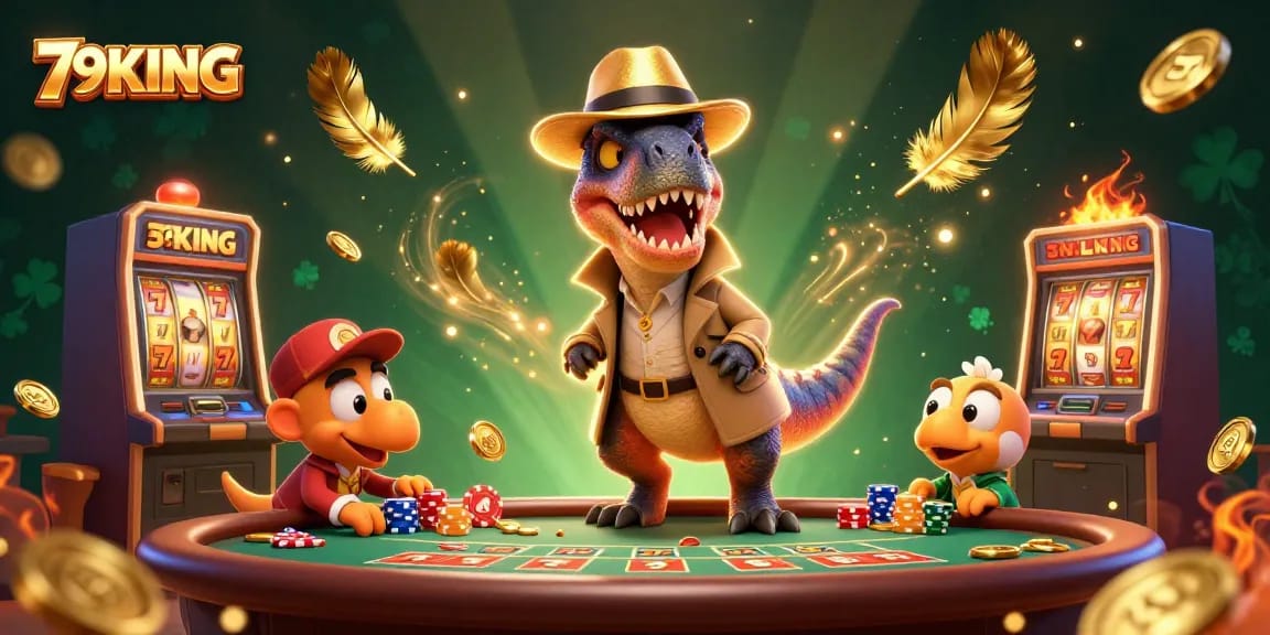 Experience exciting gameplay with 79KING as a velociraptor card counter in a dramatic casino setting.