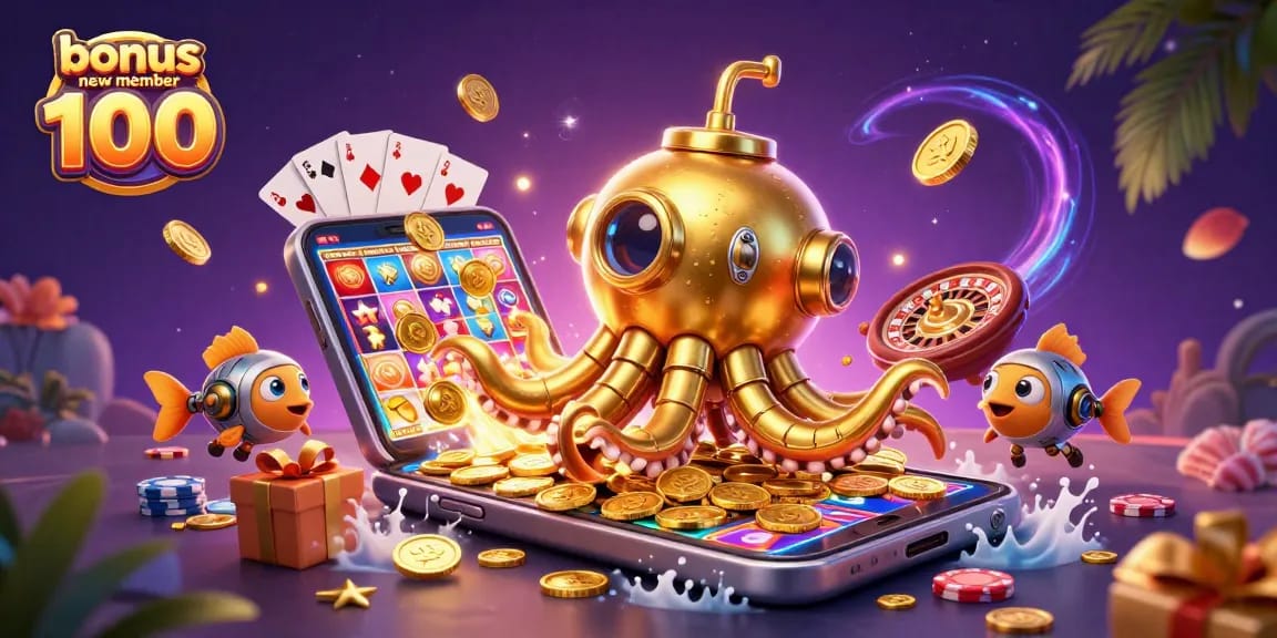 Experience the thrill of bonus new member 100 with an exciting slot-themed 3D casino scene.