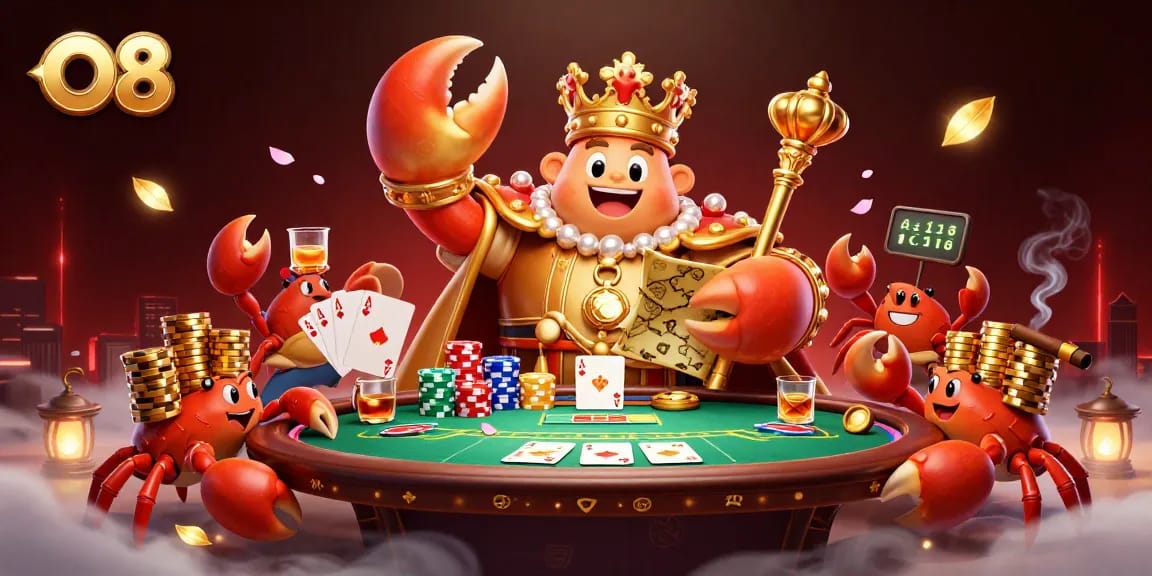 Engage with O8's thrilling poker scene featuring a golden crab emperor at the center.