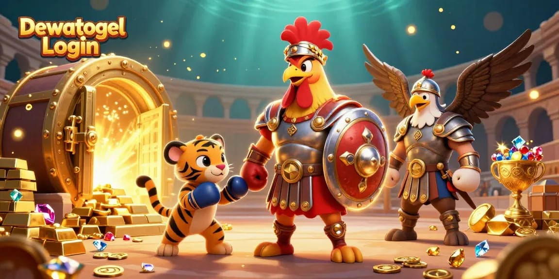 Experience real-time Dewatogel Login with thrilling lottery action and golden treasures surrounding dynamic characters.