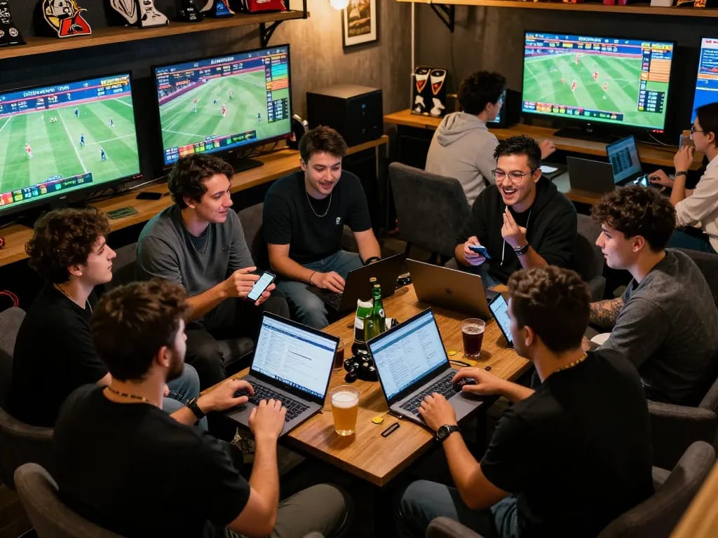 Engaged friends using keonhacaii88 for sports betting during a lively match night
