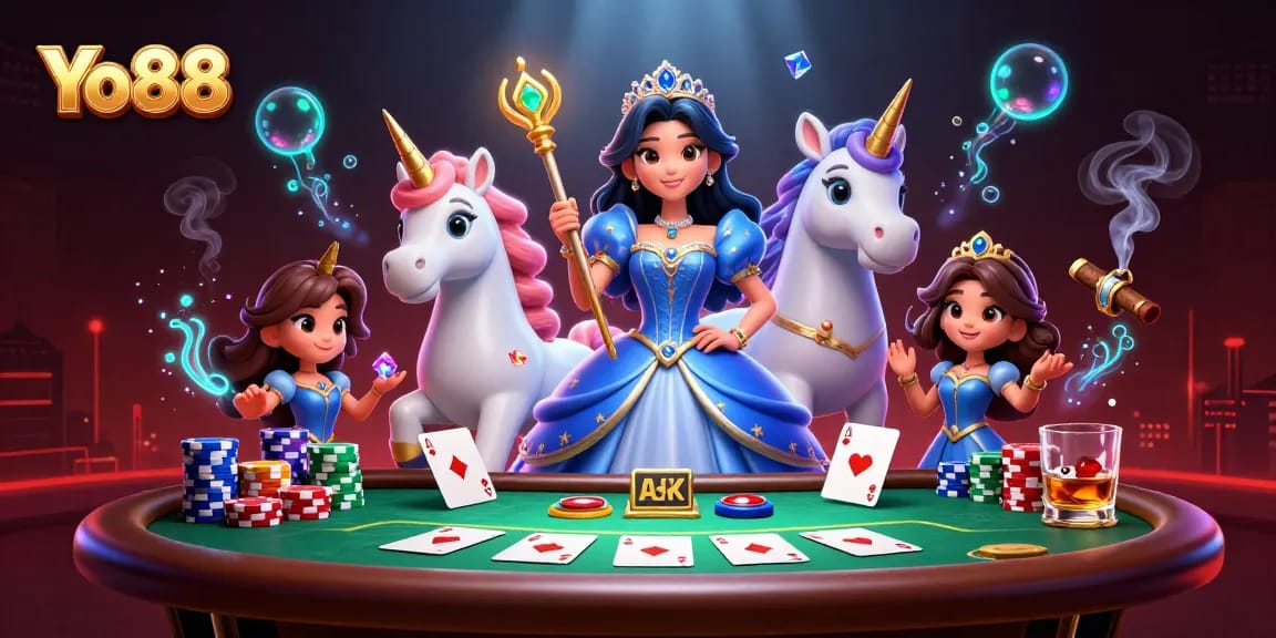 Experience thrilling gameplay at Yo88 with a magnificent lady and a unicorn in a vibrant casino setting.