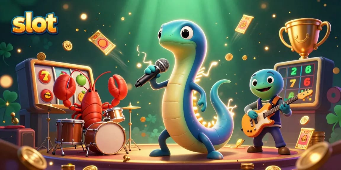 Spin the slot reels with vibrant casino energy, featuring cartoon eel performers and gold coins.