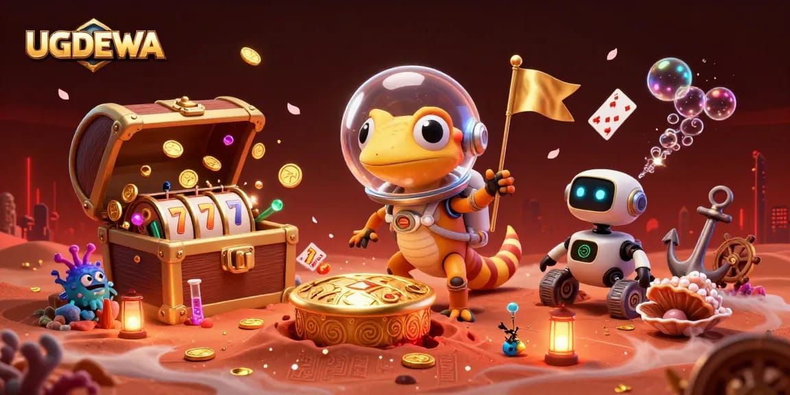 Spin to win at UGDEWA with a vibrant casino scene featuring exciting slot reels and Martian characters.