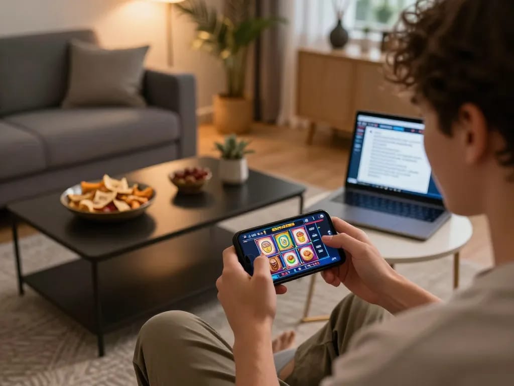 Engaging with SLOT88 games on a smartphone in a cozy living room, highlighting responsible gambling.