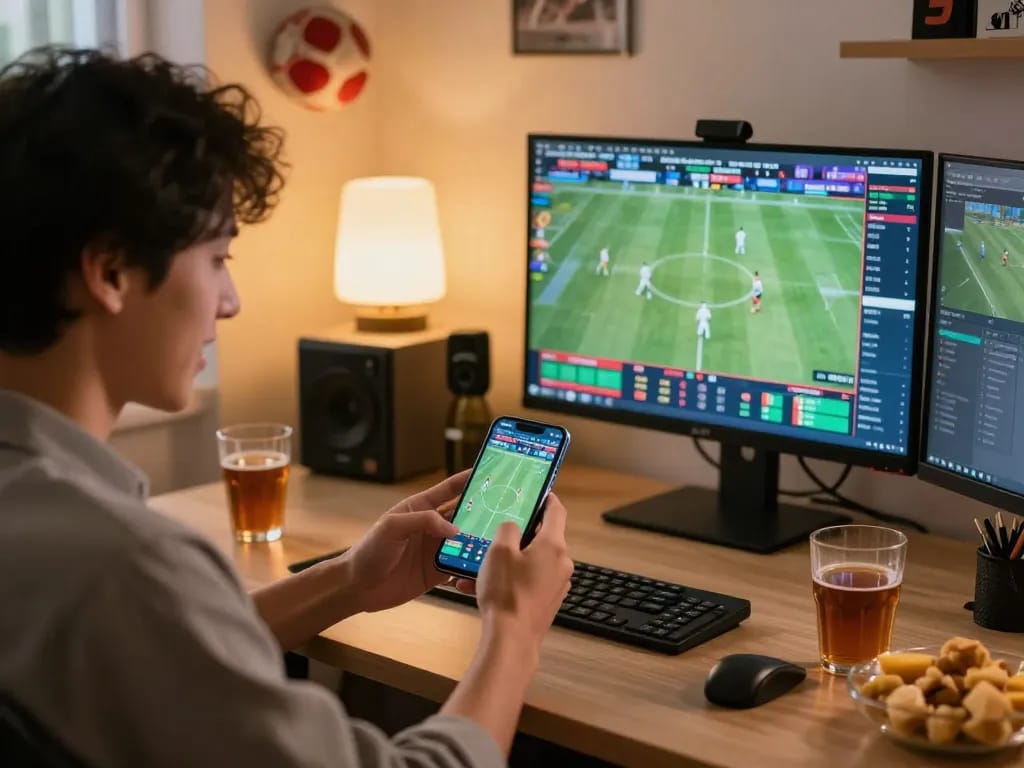 RR88 user engaging in live sports betting on smartphone in a cozy home office.