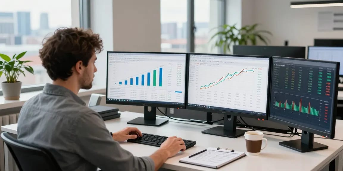 Financial analyst reviewing data on uk electricity price per kwh april 2026 in a modern office.