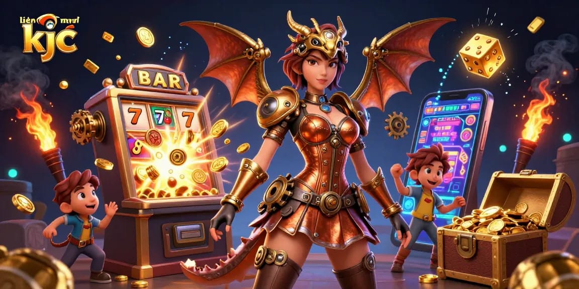 Engage with exciting gameplay at liên minh kjc featuring a grand slot machine and vibrant 3D elements.