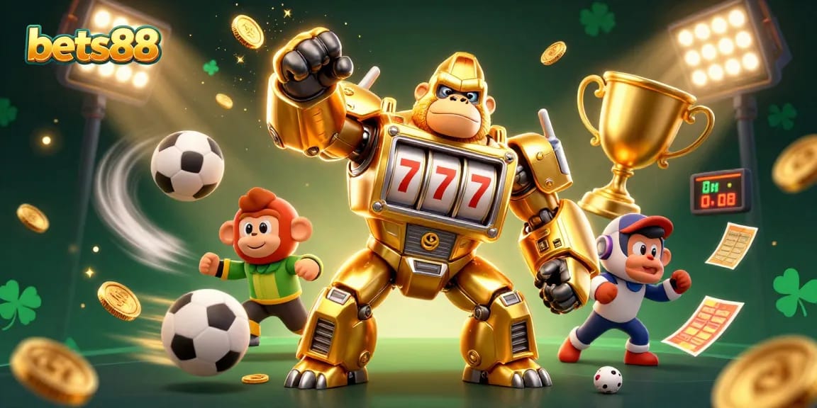 Engage in thrilling slots and sports action with bets88's golden gorilla mech bursting with rewards.