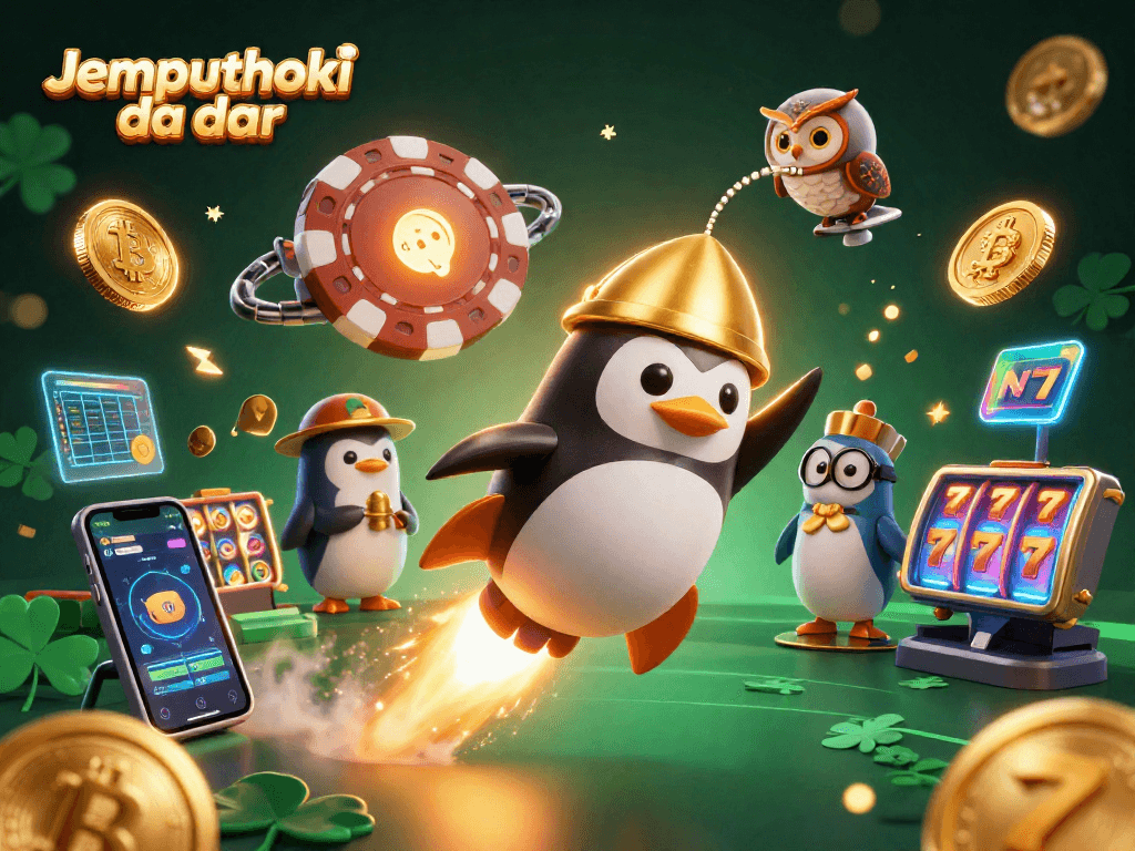 Engage with the thrilling Jemputhoki daftar platform showcasing a golden penguin racing to a poker chip casino amidst Bitcoin coins and vibrant game elements.
